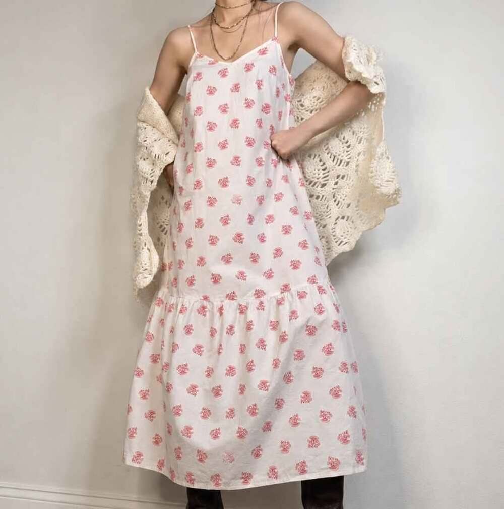 Cotton Pink Floral Midi Dress Coquette Cottagecore Prairie Boho XS